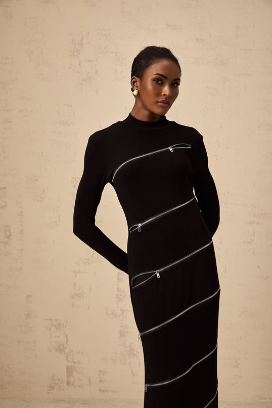 A black fitted maxi dress with zip details named Costanza