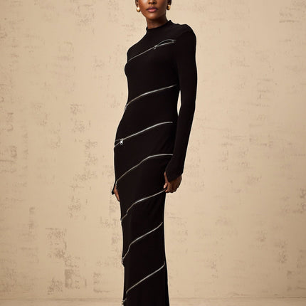 A black fitted maxi dress with zipper details named Costanza