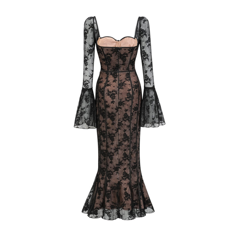 A black flared maxi dress with lace details and a figurehugging silhouette named Marlene