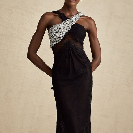 A black floorlength maxi dress with a crossover bodice adorned with crystal embellishments
