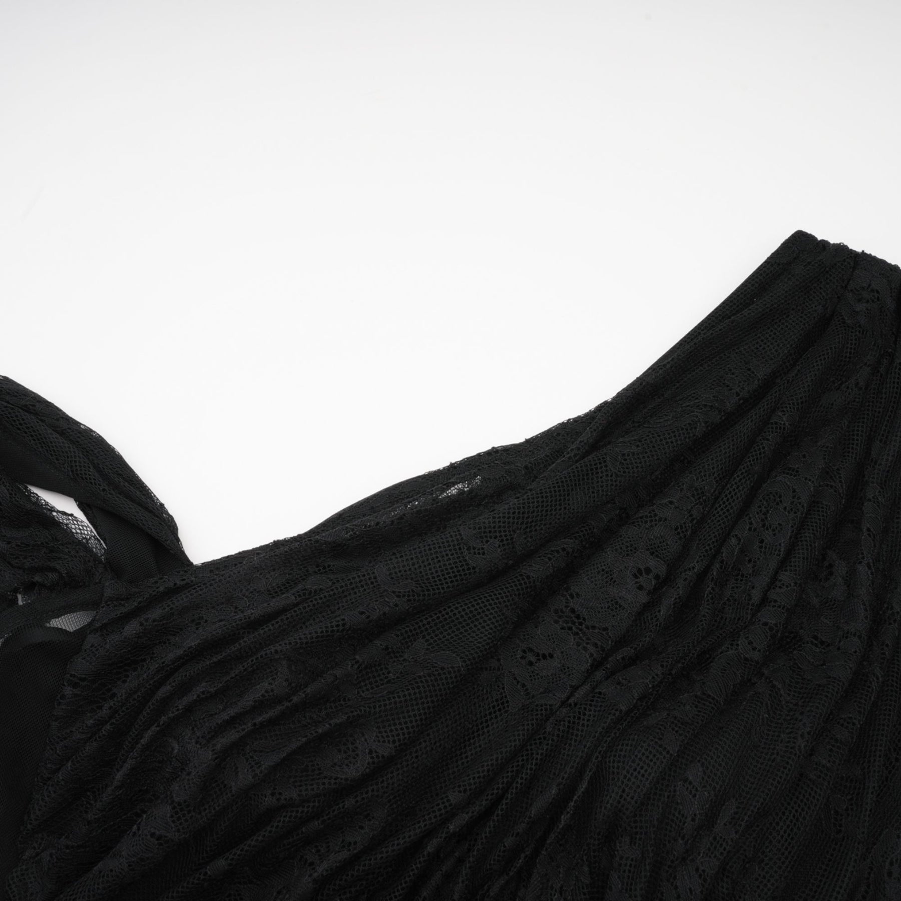 Black oneshoulder dress with lace embroidery cutout details gathered accents high side slit and asymmetric design Smooth scallop trim and half lining Floorlength and made of Polyamide Cotton Rayon