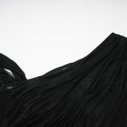 Black oneshoulder dress with lace embroidery cutout details gathered accents high side slit and asymmetric design Smooth scallop trim and half lining Floorlength and made of Polyamide Cotton Rayon
