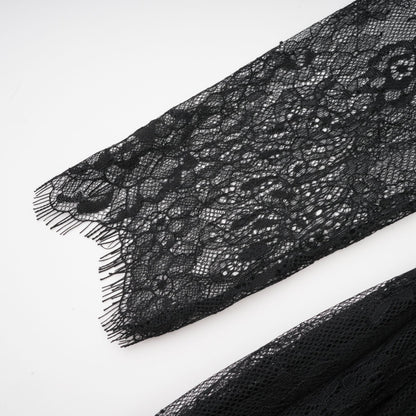 Black oneshoulder dress with lace embroidery long sleeves and side high slit