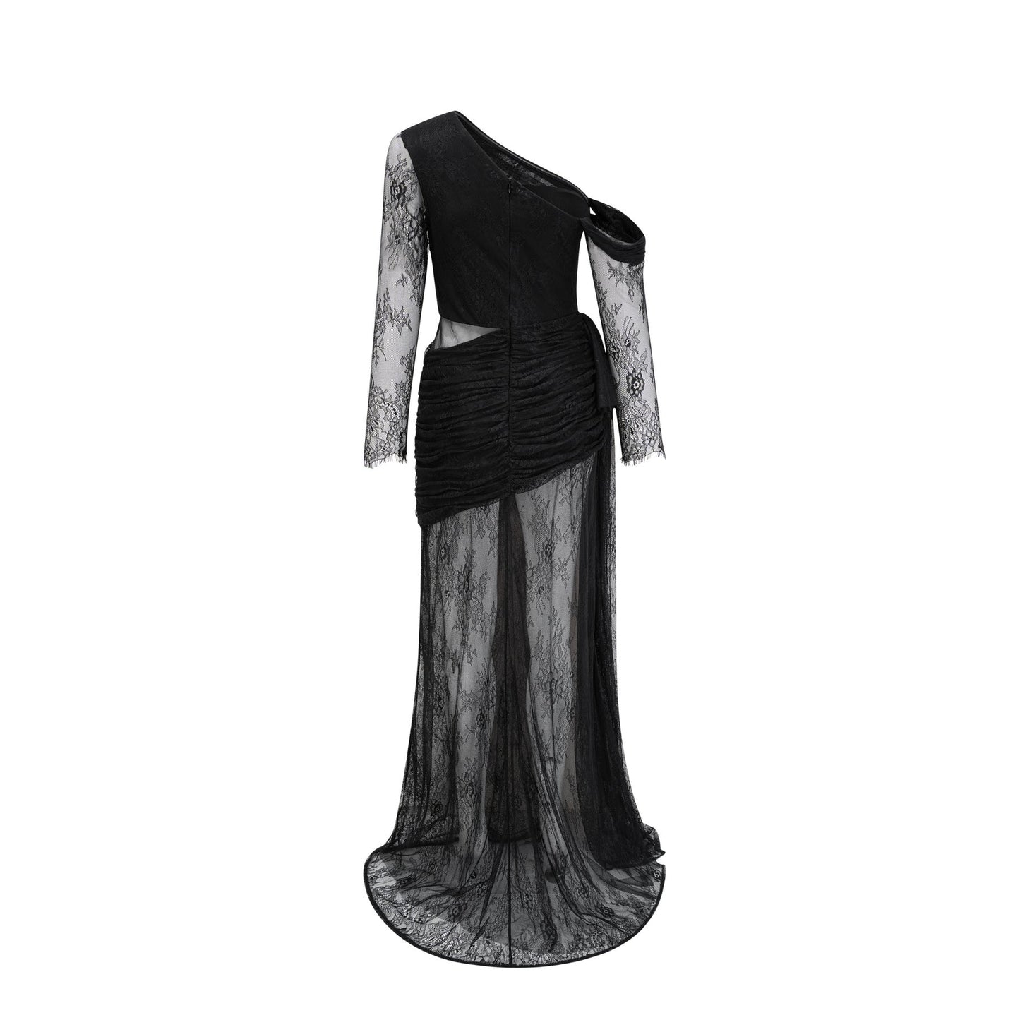 Lace embroidered black dress with one shoulder long sleeves high side slit and asymmetrical design