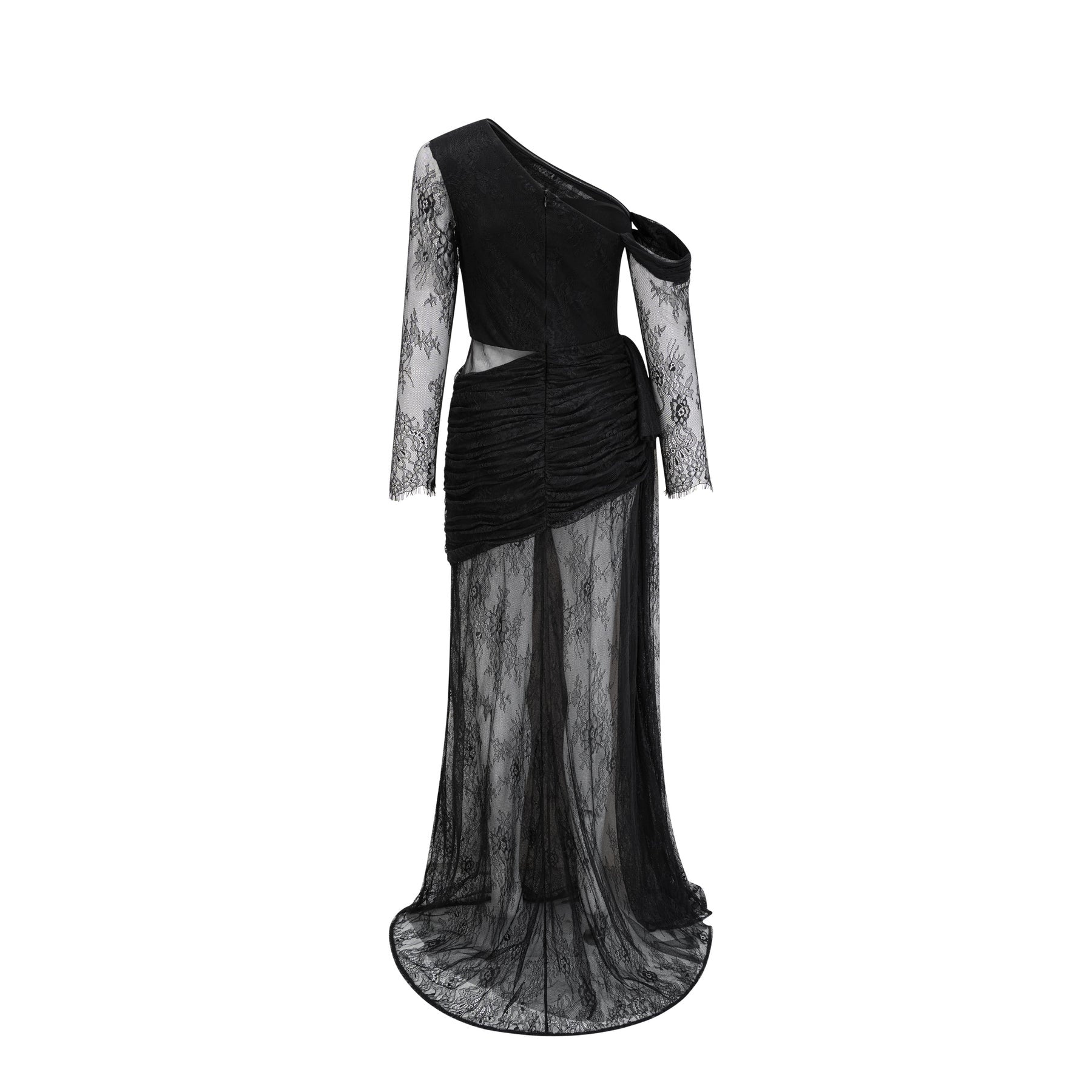 Lace embroidered black dress with one shoulder long sleeves high side slit and asymmetrical design