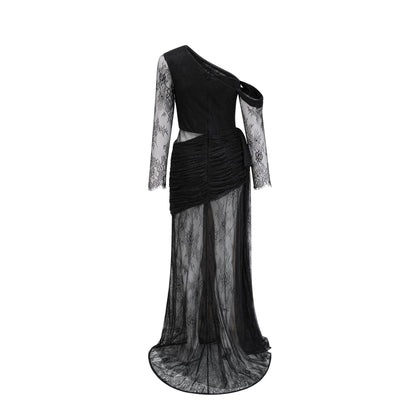 Lace embroidered black dress with one shoulder long sleeves high side slit and asymmetrical design
