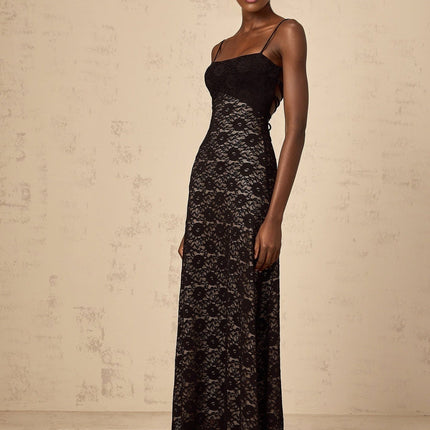 A black floral lace maxi dress with an open back design named Zelie