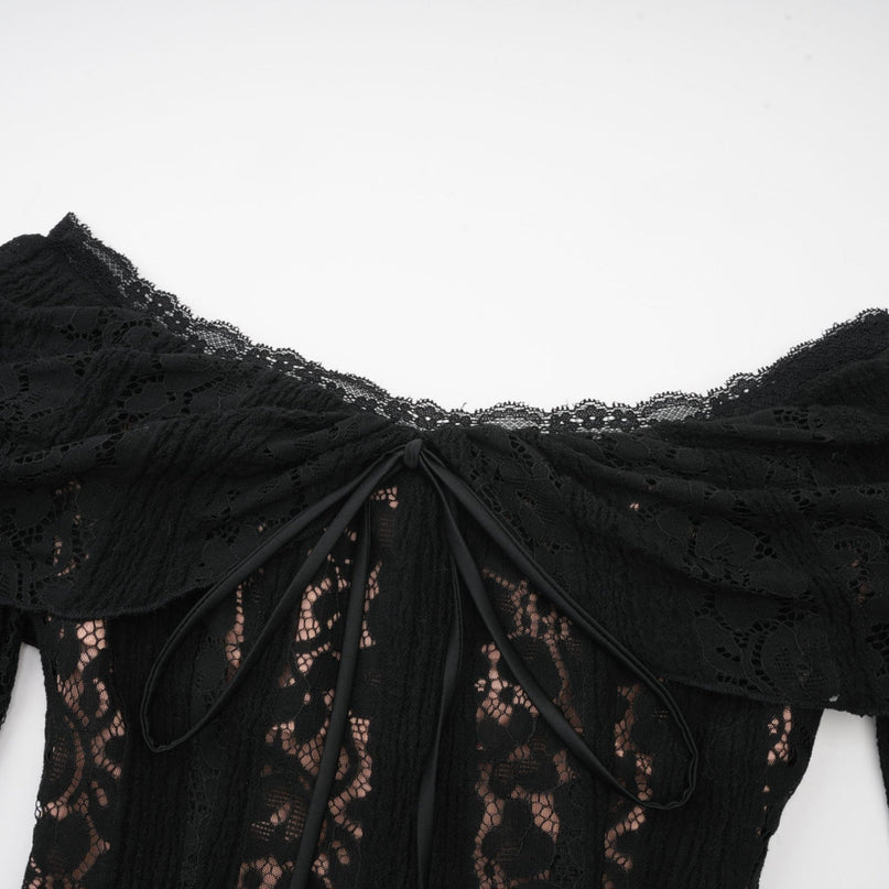 A black floral lace midi dress with flared cuffs named Emeline featuring an elegant silhouette and intricate lace pattern