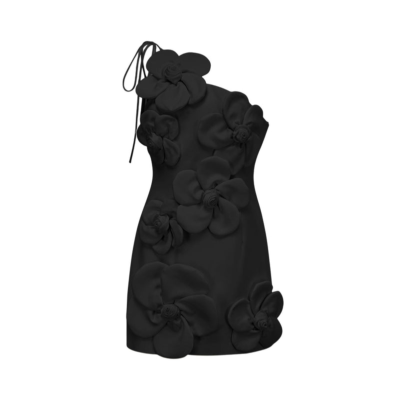 A black floral mini dress with an offshoulder neckline featuring a Liane design