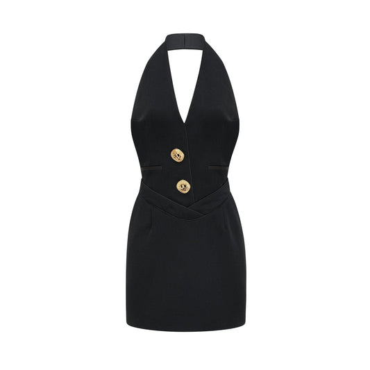 Black thighlength dress with sleeveless halter neck front golden button design and rear zip fastening for a secure fit Comfortably styled in 80% Polyester 20% Cotton
