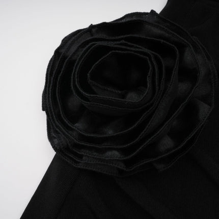 A black hooded maxi dress with floral applique details named Axelle