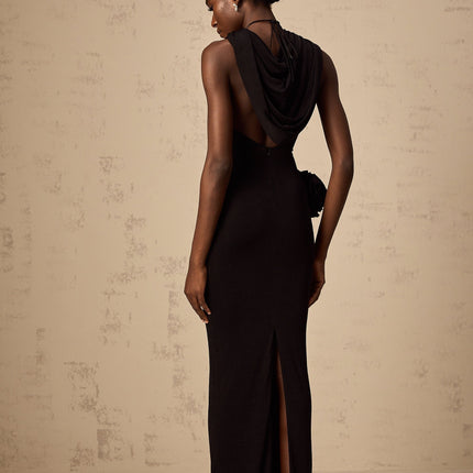 A black hooded maxi dress with floral applique details named Axelle
