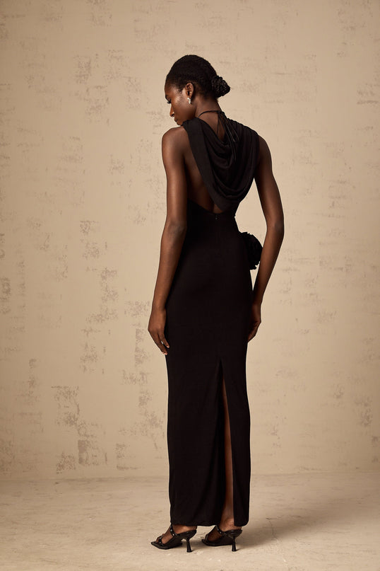 A black hooded maxi dress with floral applique details named Axelle
