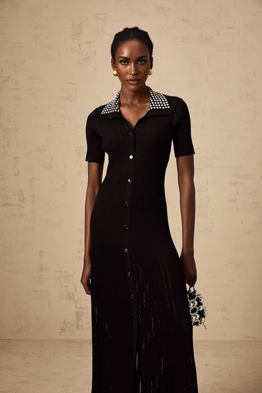 A black knitted midi dress with studded embellishments named Laetitia