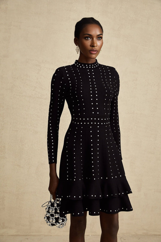 A black knitted mini dress with embellishments and ruffled details named Fabienne