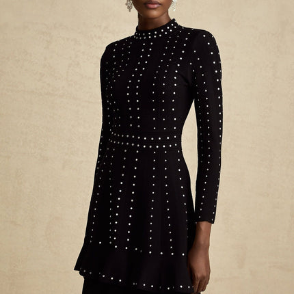 A black knitted mini dress with embellishments and ruffled details named Fabienne