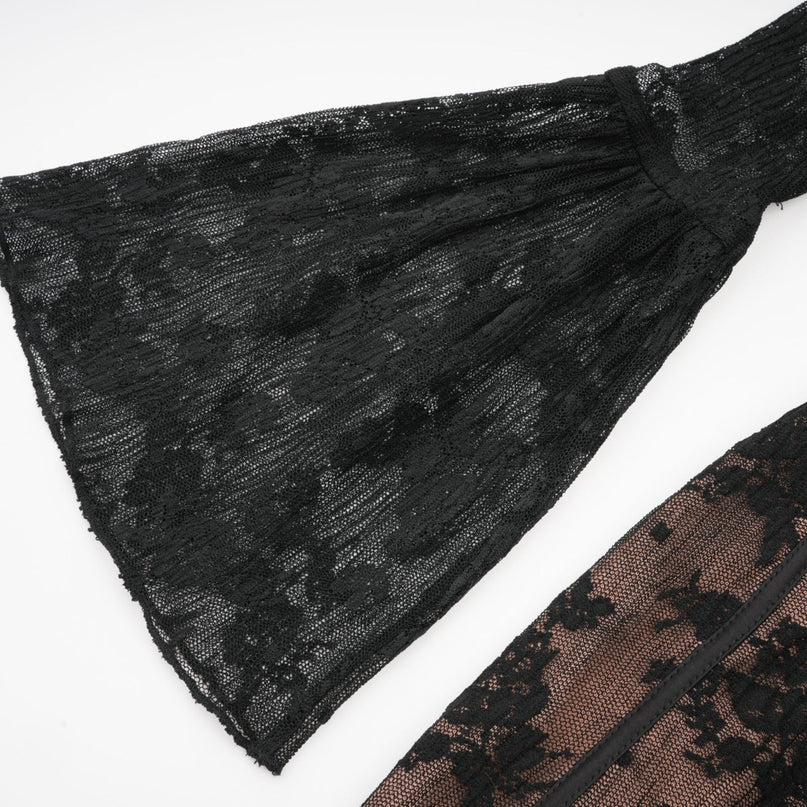 A black lace maxi dress with flared sleeves and a long flowing skirt featuring a Marlene style design