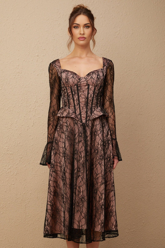 A black lace midi dress with a flared skirt named Jennifer worn by a model standing against a plain background