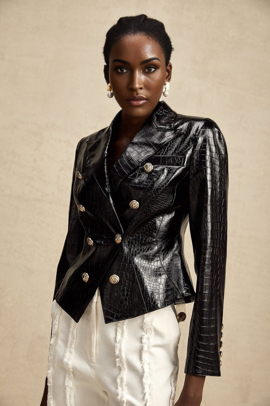 A black leather jacket with a cinched waist design named Elodie