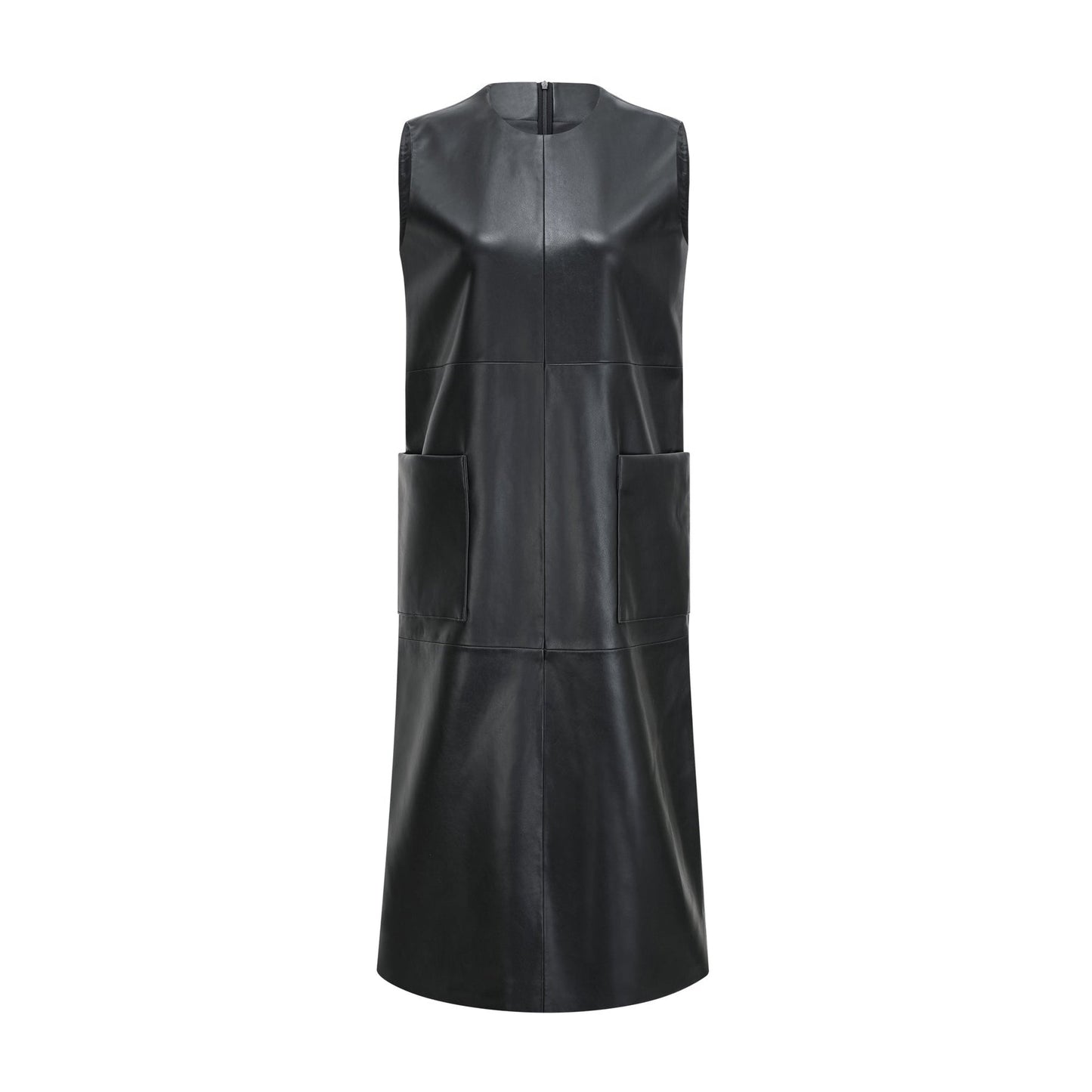 Sleek Pitch Black sleeveless dress featuring a chic round neck and luxurious leather feel Functional front welt pockets and a convenient rear zip fastening Elegant midi length composed of 100% PU for durability