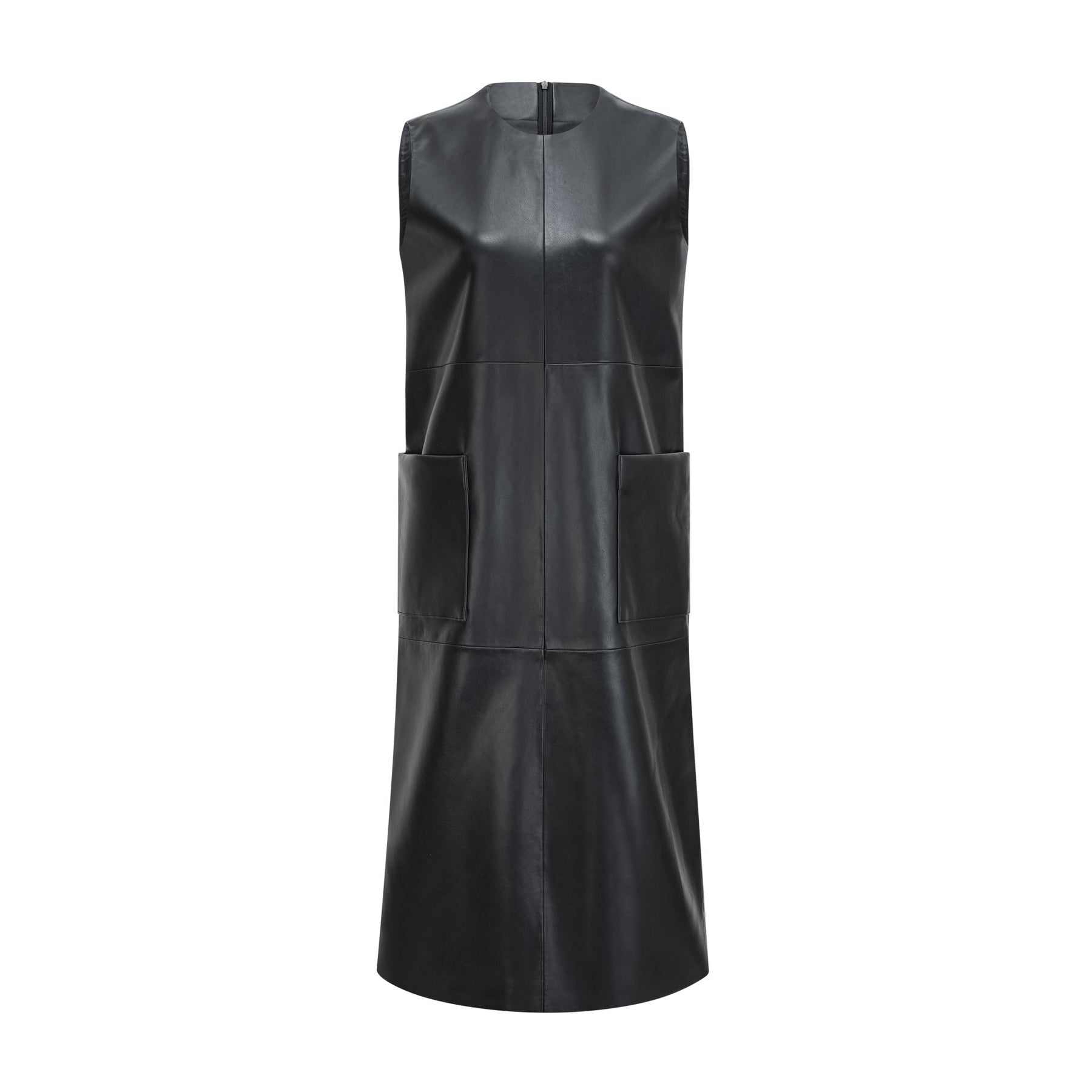 Sleek Pitch Black sleeveless dress featuring a chic round neck and luxurious leather feel Functional front welt pockets and a convenient rear zip fastening Elegant midi length composed of 100% PU for durability