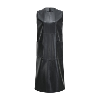 Sleek Pitch Black sleeveless dress featuring a chic round neck and luxurious leather feel Functional front welt pockets and a convenient rear zip fastening Elegant midi length composed of 100% PU for durability