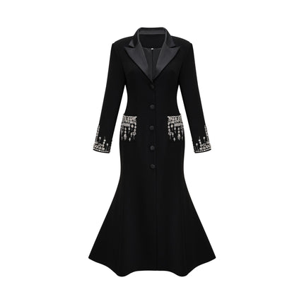A black maxi blazer dress with embellishments named Diane featuring a long silhouette and formal styling