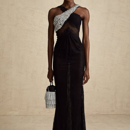 A black maxi dress with a crossover bodice and crystal embellishments called Irene
