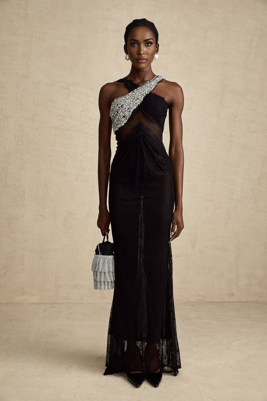A black maxi dress with a crossover bodice and crystal embellishments called Irene