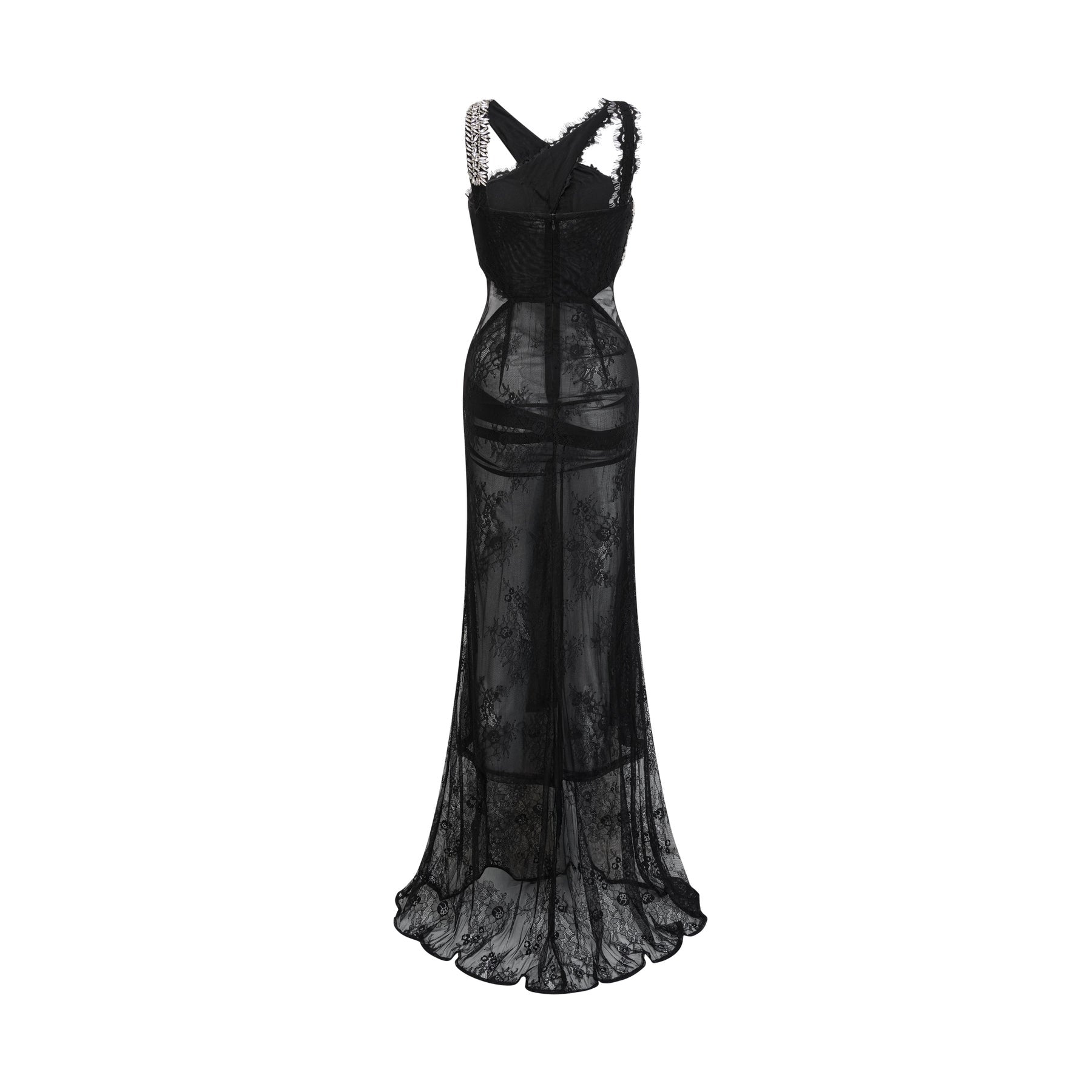 Black lace overlay dress with chic sleeveless cut dazzling crystal embellishment and distinctive asymmetrical style