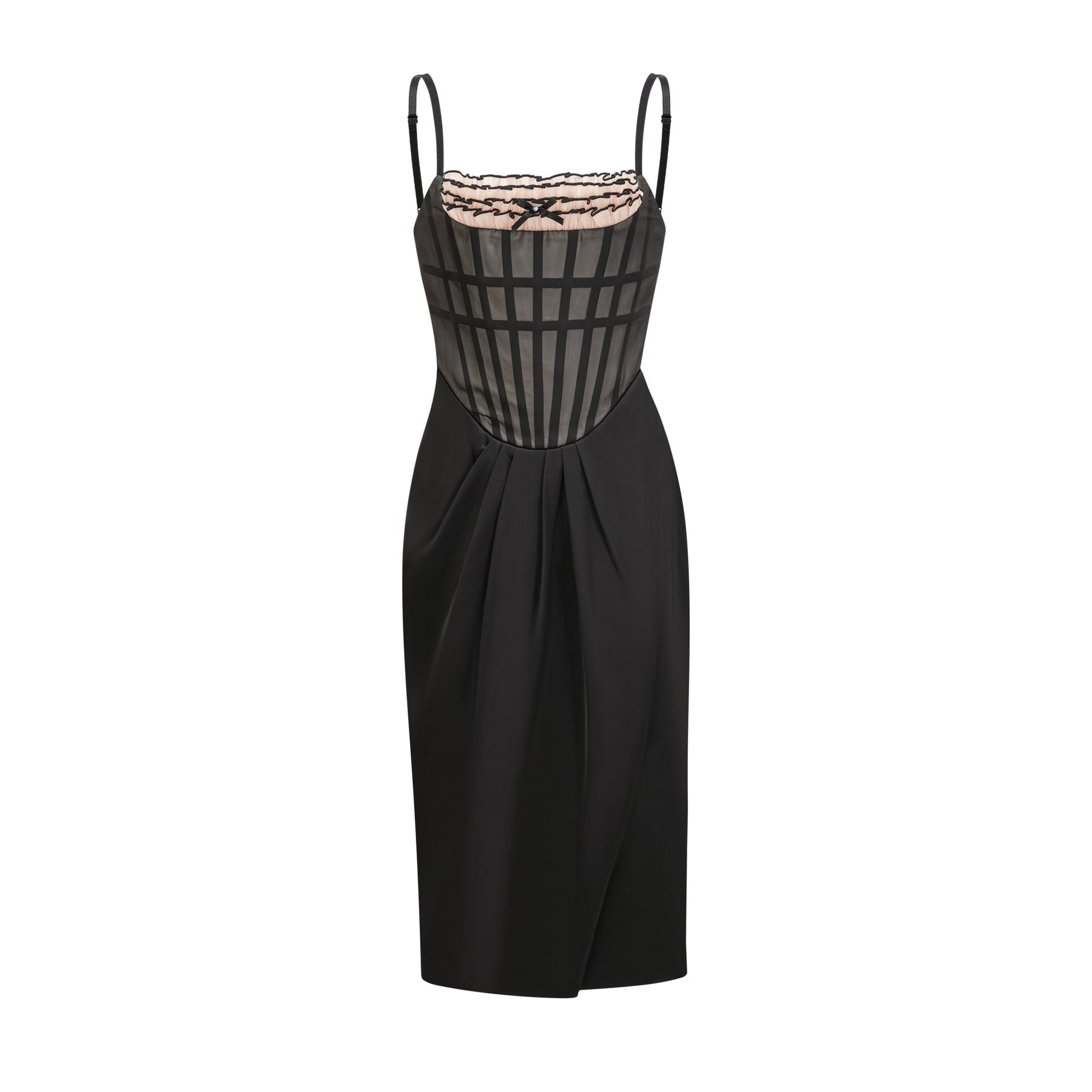 Sleeveless monochrome dress with front bowknot feature corset style ruffled details front slit and midi length made of 80% polyester and 20% viscose fiber