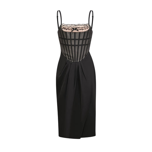 Sleeveless monochrome dress with front bowknot feature corset style ruffled details front slit and midi length made of 80% polyester and 20% viscose fiber