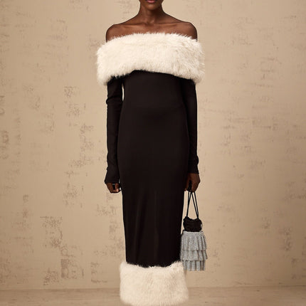 A black midi dress with an offshoulder neckline made of faux fur material featuring a sleek silhouette and a Kendall design