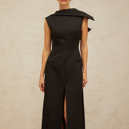 A black midi dress with an open back and deconstructed design named Leonore