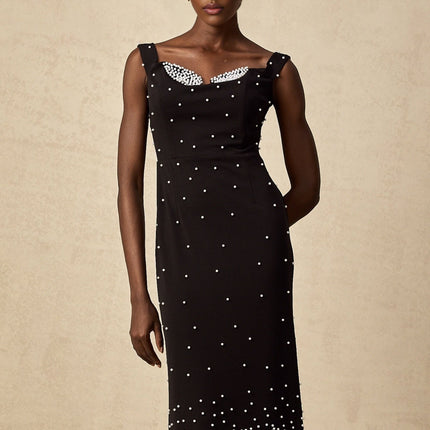 A black midi dress with faux pearl embellishments named Apolline