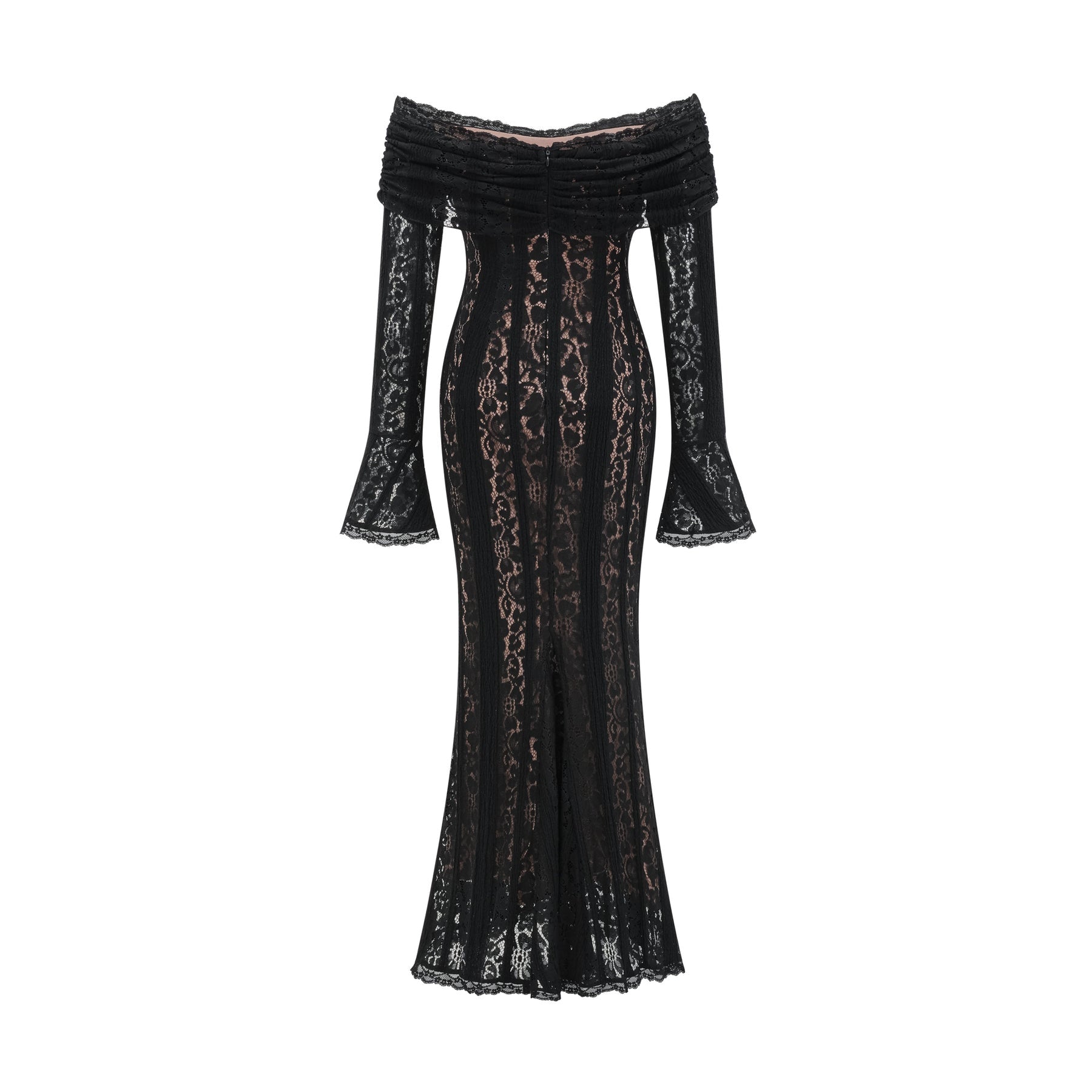 A black midi dress with floral lace detailing and flared cuffs named Emeline shown on a model or mannequin