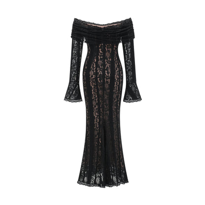 A black midi dress with floral lace detailing and flared cuffs named Emeline shown on a model or mannequin