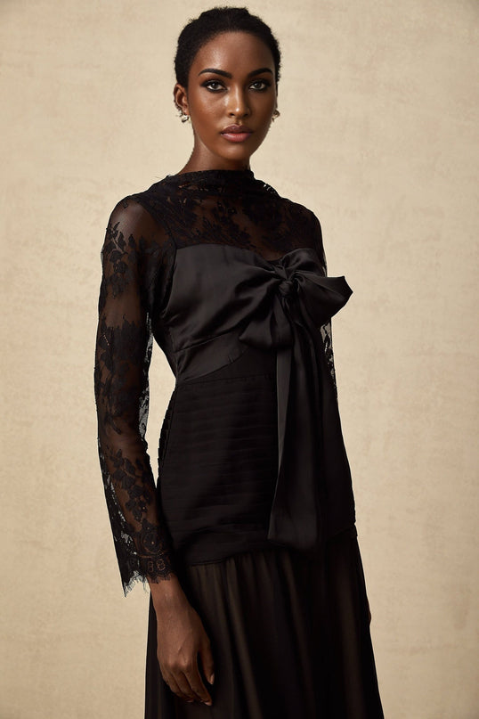 A black midi dress with floral lace panels named Amelie