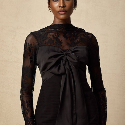 A black midi dress with floral lace panels named Amelie