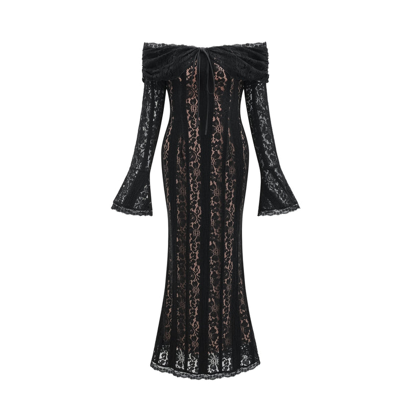 A black midi dress with floral lace pattern and flared cuffs named Émeline