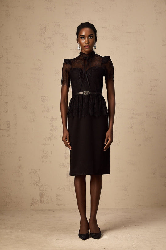 A black midi dress with guipure lace panels featuring a fitted silhouette and no belt Therese design