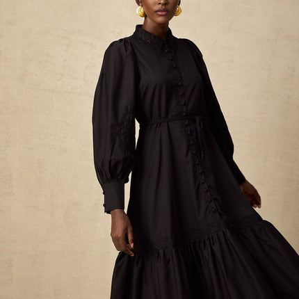 A black midi dress with lace embroidery details named Arcadia
