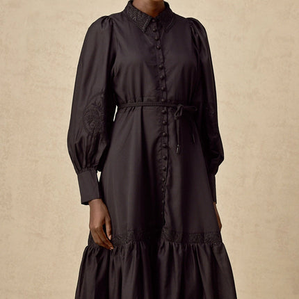 A black midi dress with lace embroidery details named Arcadia