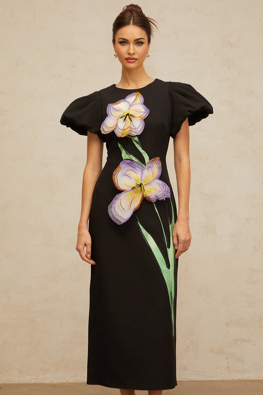 A black midi dress with sequined floral embroidery named Irene featuring a sleek silhouette and delicate floral patterns adorned with shimmering sequins