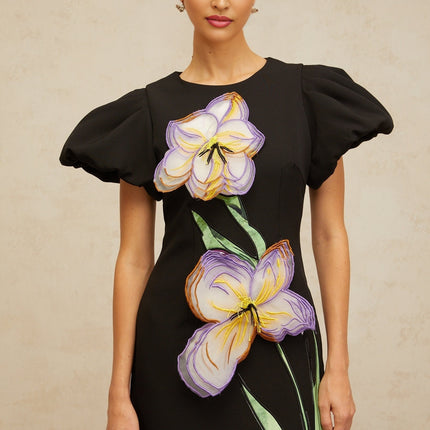 A black midi dress with sequined floral embroidery named Irene