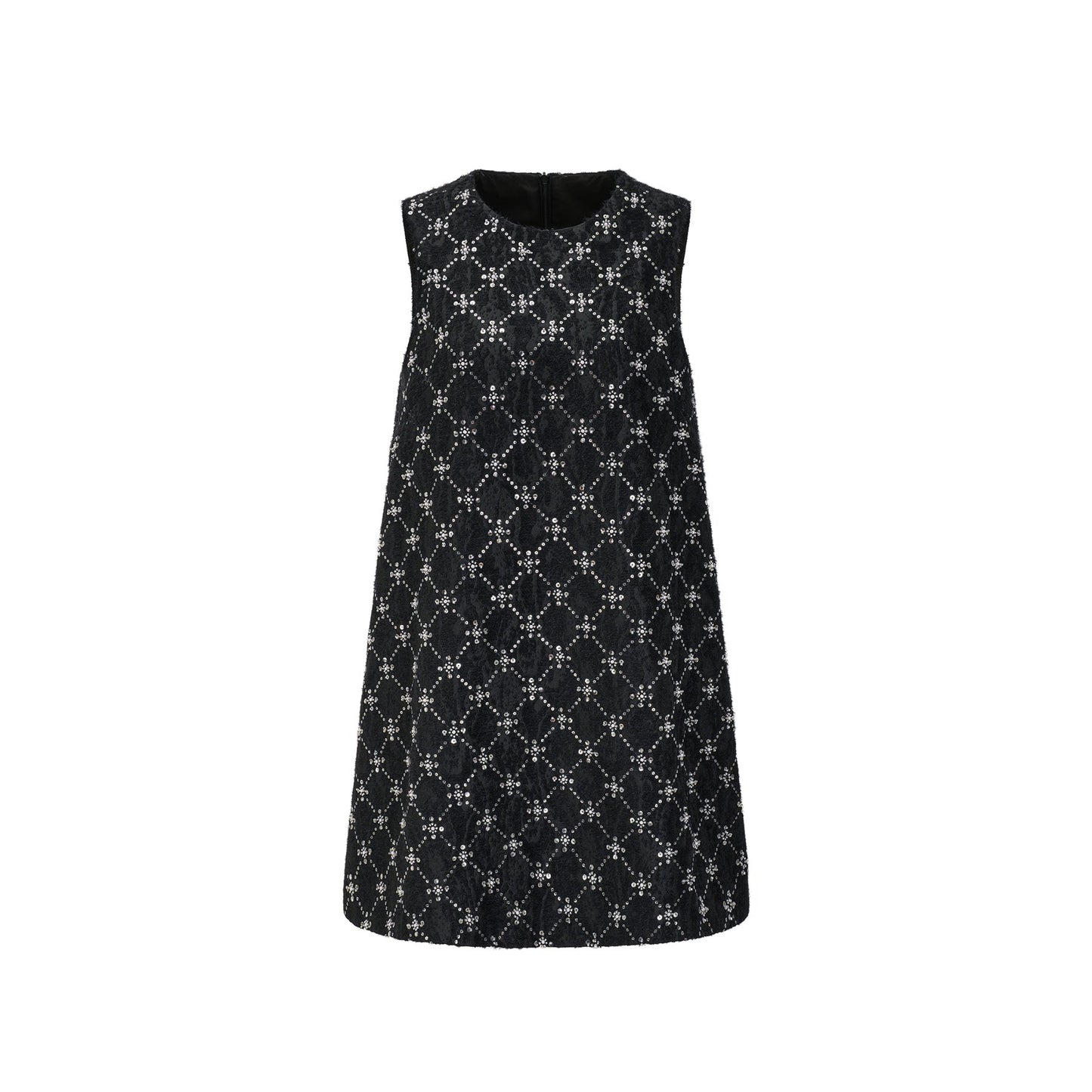 Jet Black dress with classic round neckline sleeveless rear hidden zipper embellished with shiny crystals  made of 100% highquality polyester