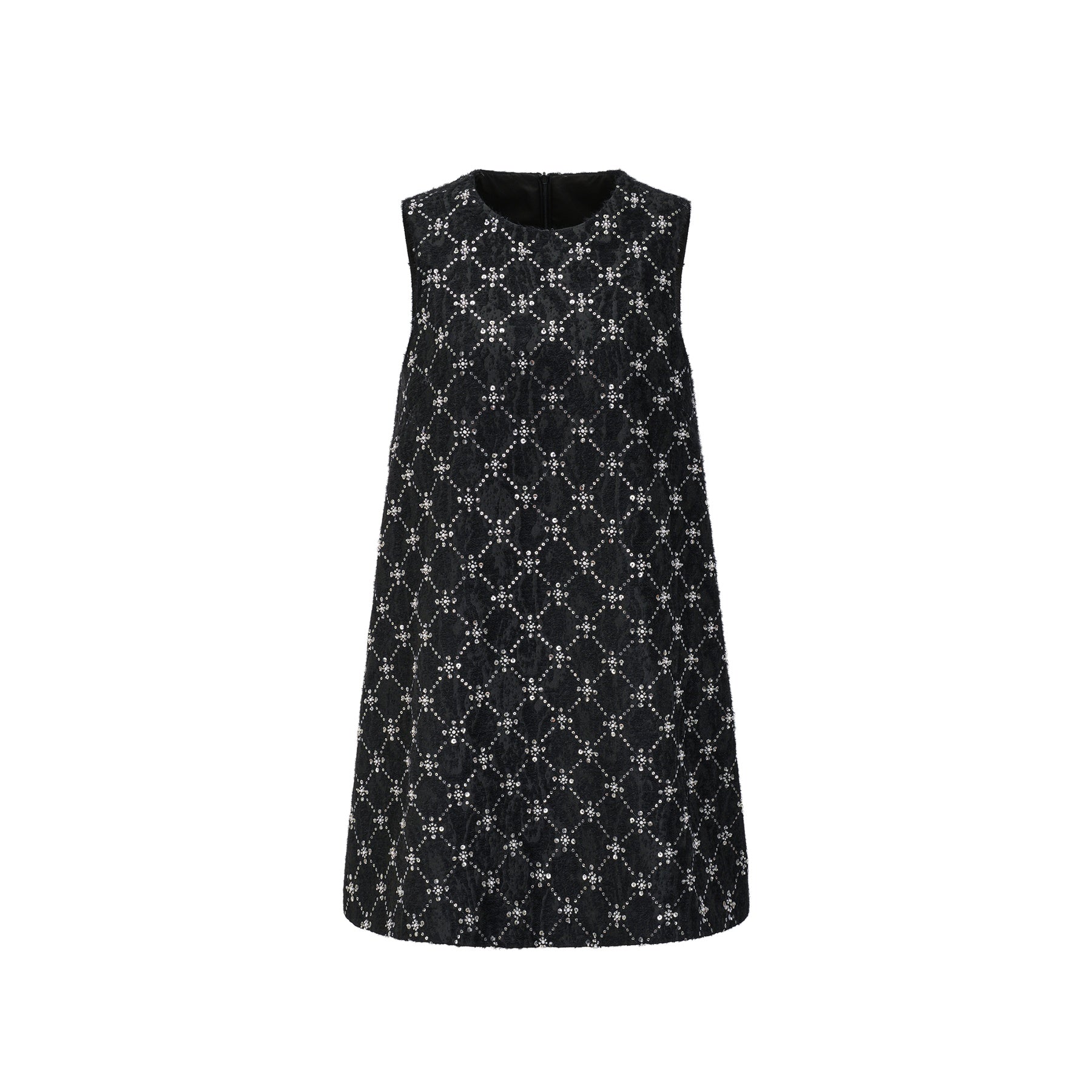 Jet Black dress with classic round neckline sleeveless rear hidden zipper embellished with shiny crystals  made of 100% highquality polyester