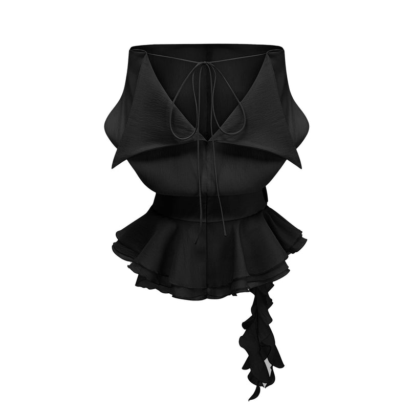 A black mini dress for women with floral applique details and a flounced skirt design named Amelie