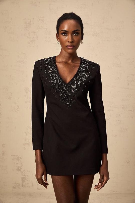 A black mini dress with a plunging V neckline adorned with crystal embellishments featuring a short hemline and a fitted silhouette