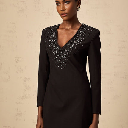 A black mini dress with a plunging Vneckline adorned with crystal embellishments